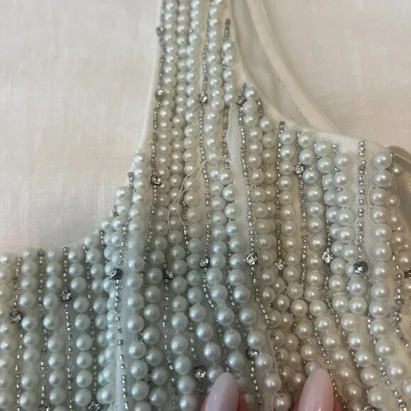 Mac Duggal White Pearl Beaded Square Neck Mini Dress (Size 0) - Picture 6 of 7